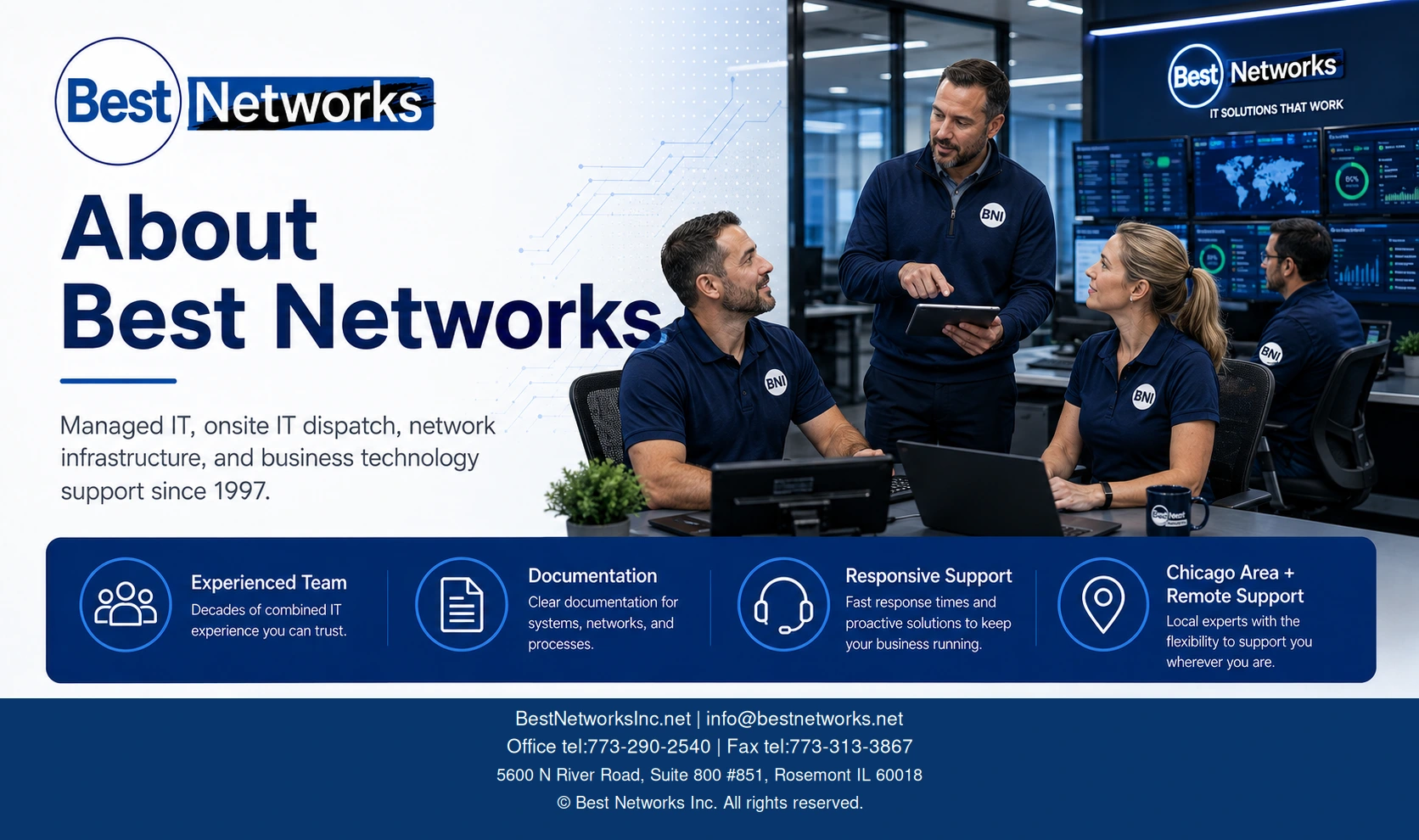 Illustrative Best Networks service overview with a staged team scene; not an employee photograph