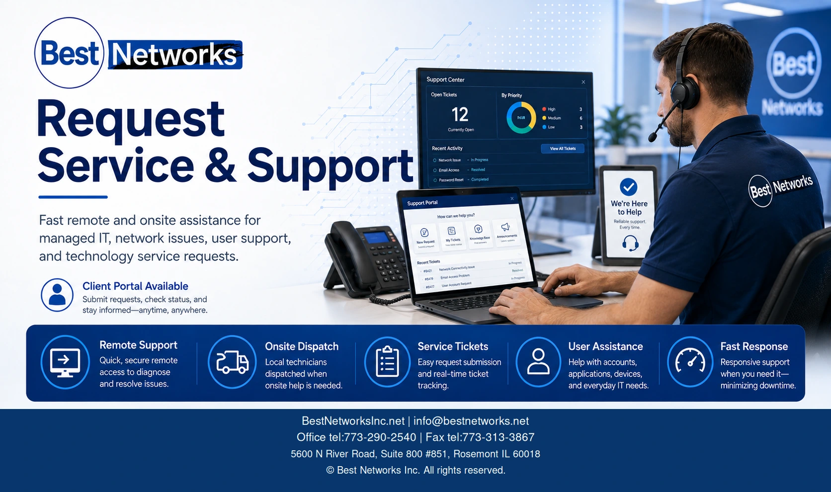 Illustrative Best Networks remote support, onsite dispatch and service ticket graphic