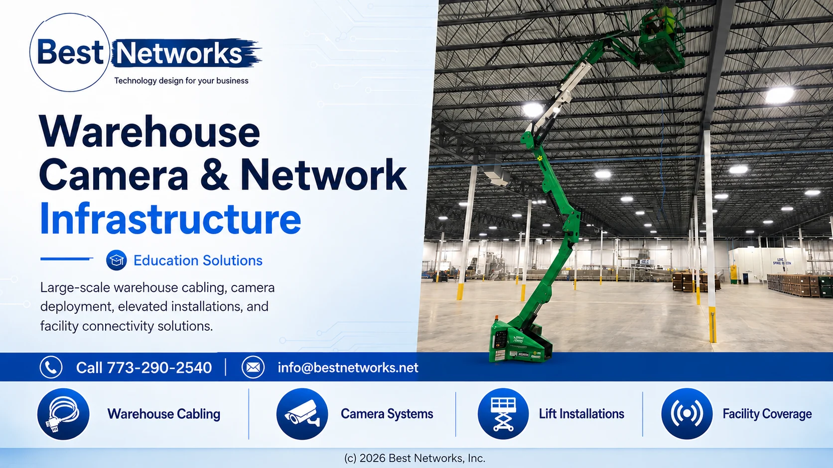 Best Networks warehouse cabling, camera systems, lift installations, and facility network infrastructure