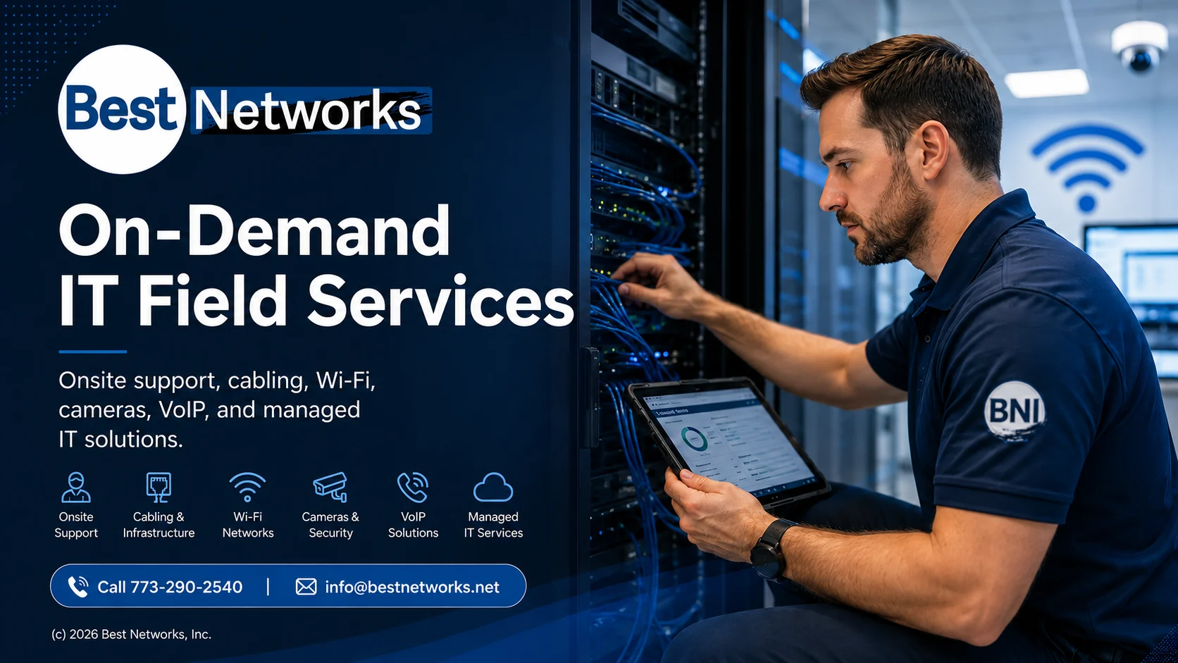 Best Networks onsite IT field services technician working in a network room